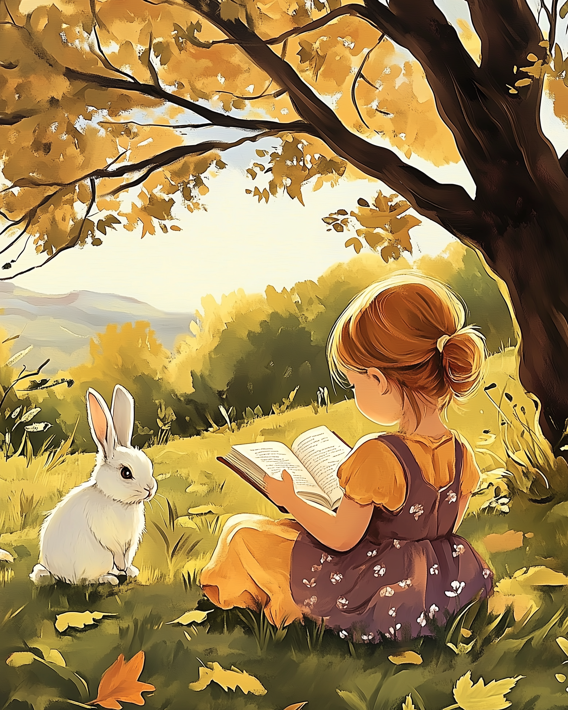 A young girl in a floral dress sits on grass, reading a book under a tree with golden leaves. A white rabbit sits attentively beside her, surrounded by a sunlit, autumnal landscape.