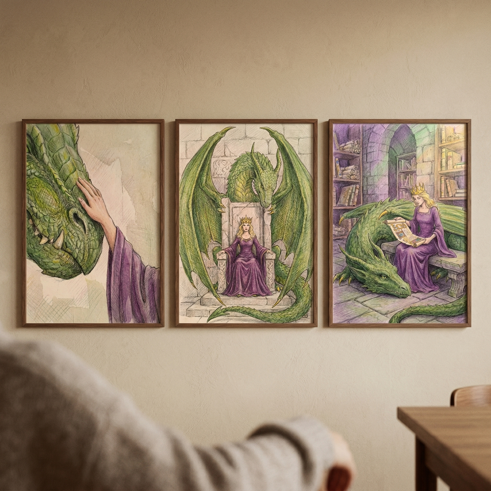 Three framed fantasy dragon prints hang side by side on a warm beige wall in a styled living room scene. The artwork shows a green dragon leaning into a hand in a purple sleeve, a crowned woman in a purple gown seated on a throne beneath a green dragon, and a queen reading beside a resting dragon in a stone library.
