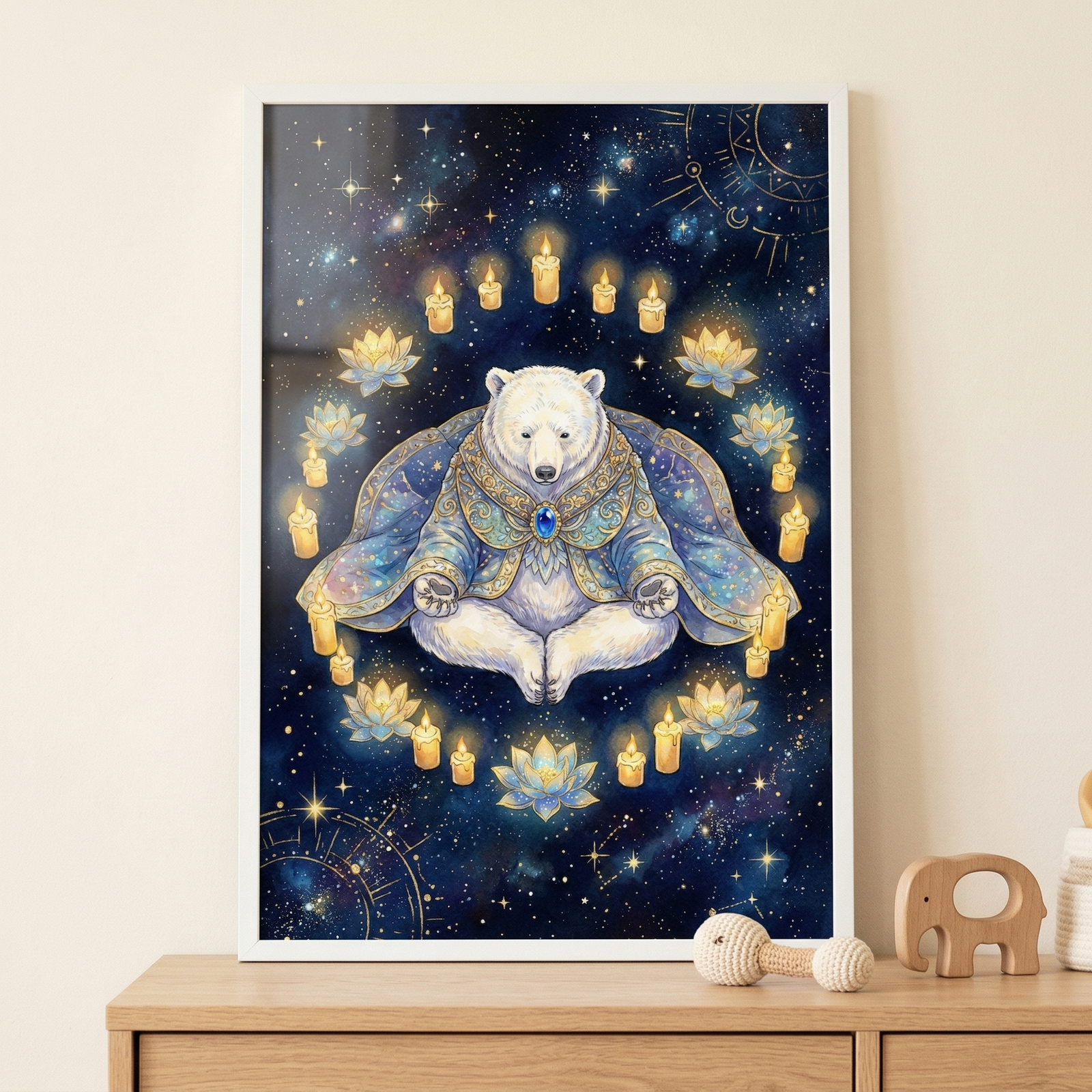 A framed illustration of a white bear sitting in a cross-legged, meditative posture against a celestial background. The bear wears an elaborate blue and gold robe accented with a large blue gemstone at the center. Encircling the figure is a radiant ring of alternating lit candles and golden lotus flowers. The backdrop is a deep blue night sky filled with twinkling stars, nebulous textures, and delicate golden celestial patterns. 