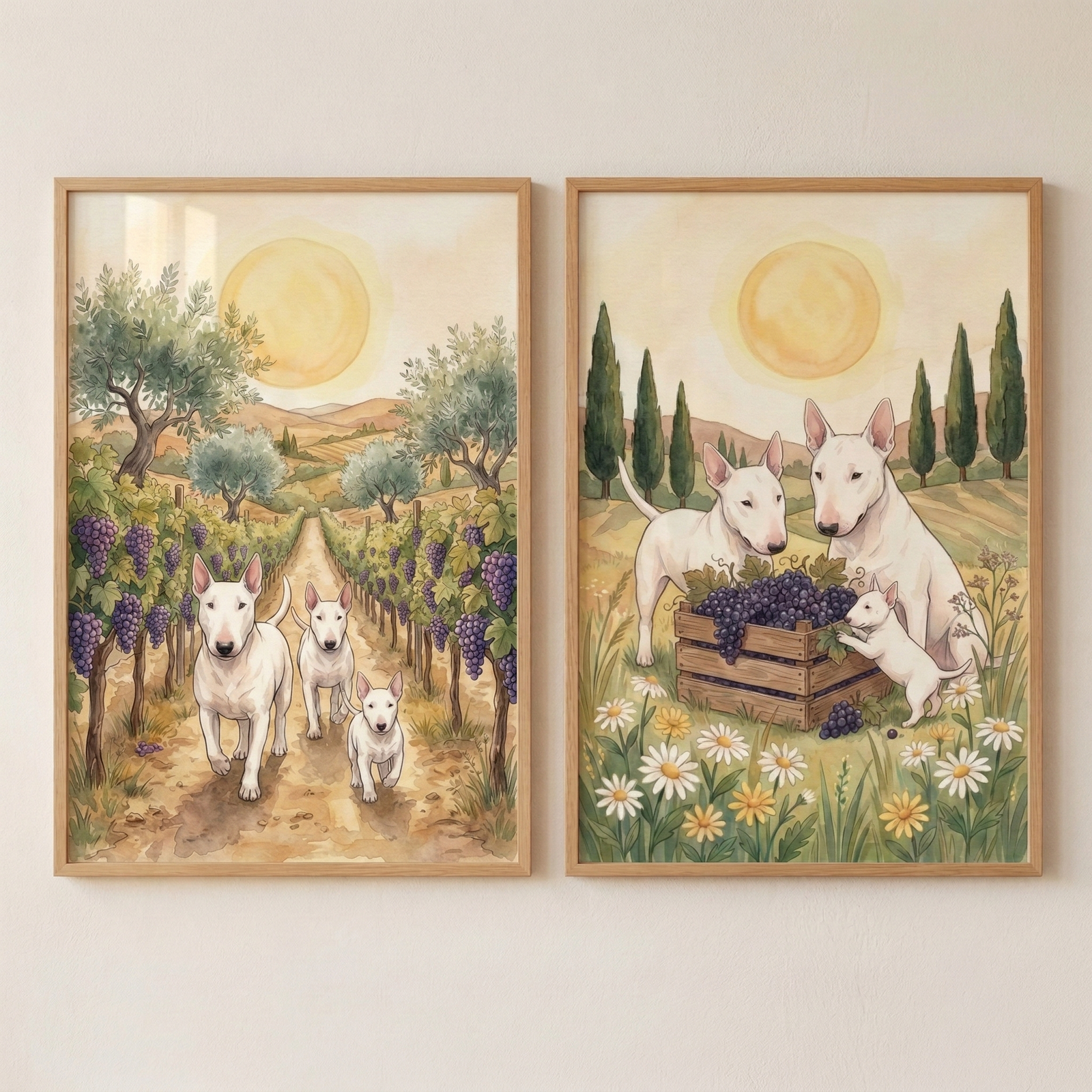 Two framed vertical illustrations are displayed side-by-side on a neutral-colored wall. Both pieces feature white dogs with a distinct egg-shaped head and pointed ears, set in a peaceful, rural landscape. 

The illustration on the left shows three of these white dogs walking down a dirt path through a lush vineyard. Rich clusters of purple grapes hang from the leafy vines on either side of the path. In the background, soft rolling hills and olive trees sit beneath a large, glowing sun in a pale sky.

