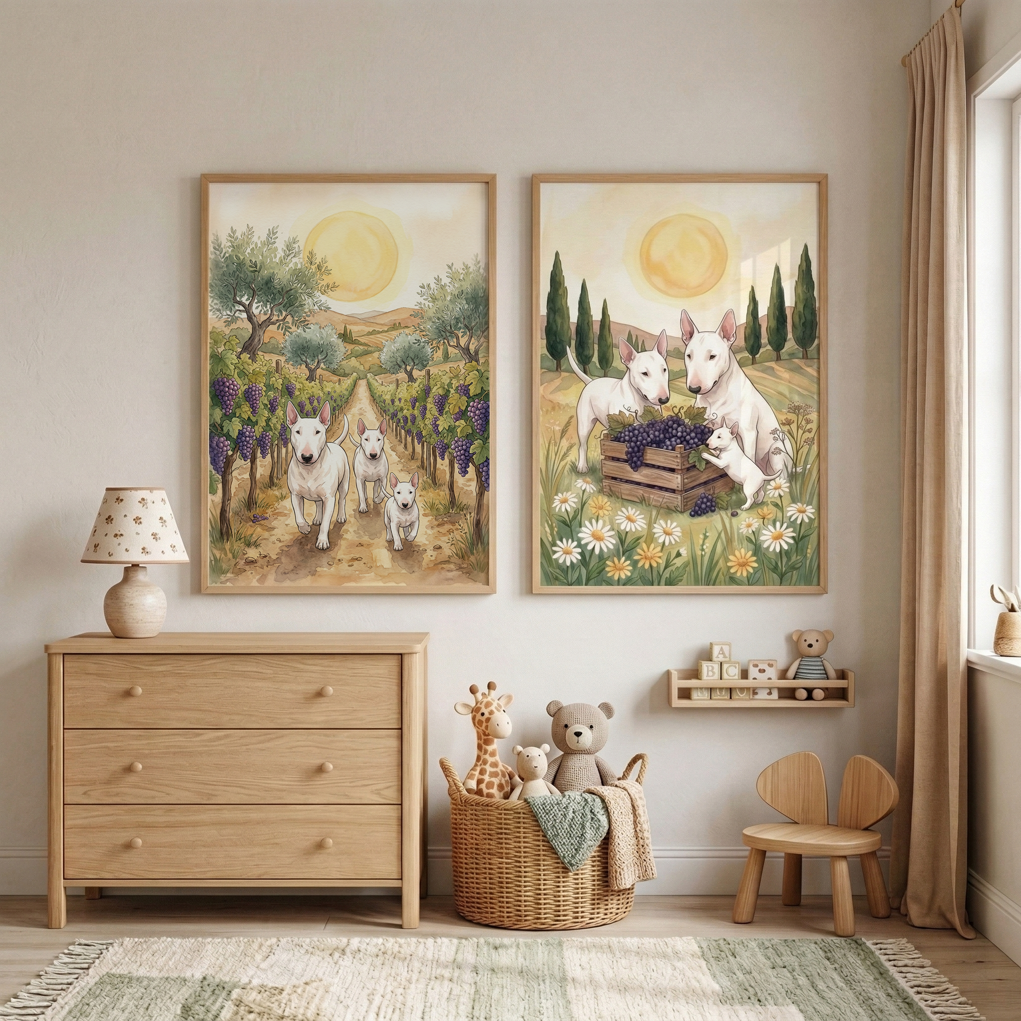 Mediterranean Vineyard Bull Terrier Wall Art Set of 2 - Vineyard Terrier Days