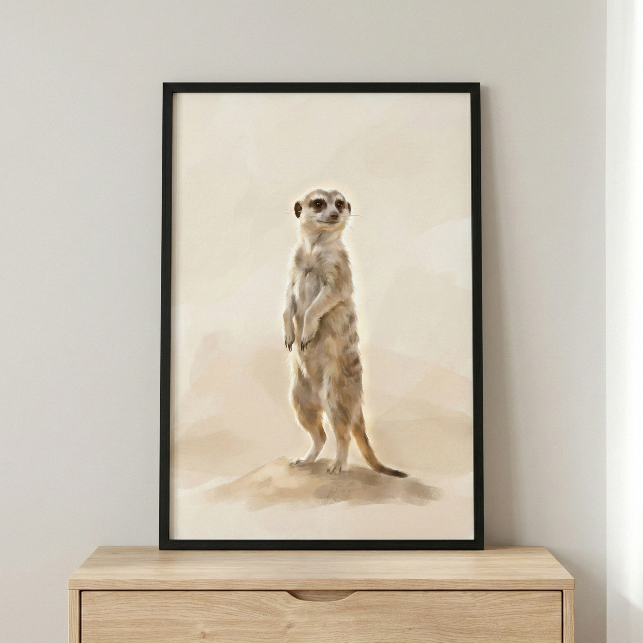 A vertical, framed piece of illustrative artwork sits atop a light wood dresser. The artwork depicts a single meerkat standing upright on a small, sandy-colored mound. The meerkat is rendered with soft, textured brushstrokes in shades of tan, brown, and cream, giving it a gentle appearance. Its dark eyes and small ears are clearly defined, and it appears to be looking slightly to the side. 

