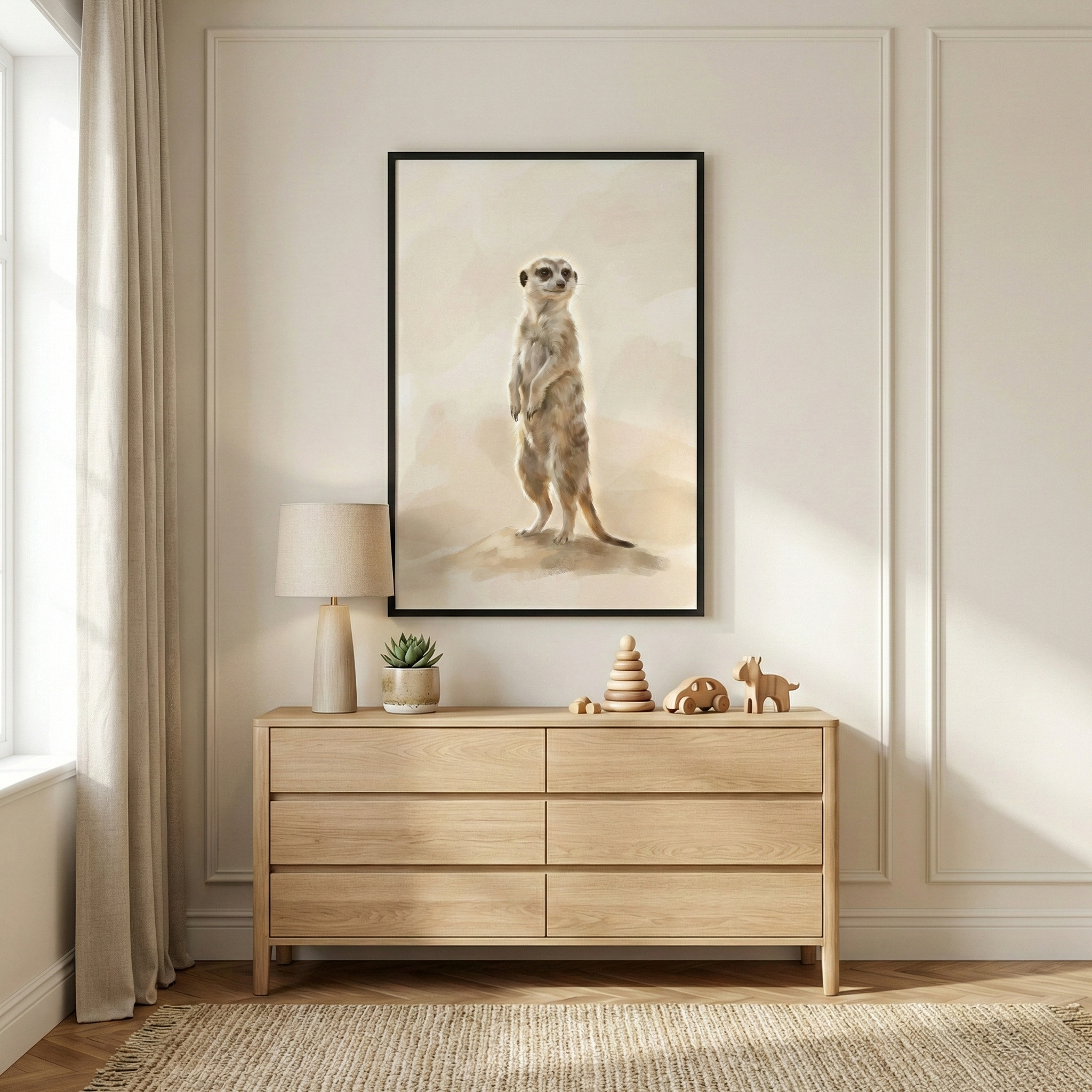A bright, minimalist interior features a six-drawer dresser made of light-toned wood. Mounted on the neutral-colored wall above the dresser is a black-framed vertical art piece showcasing a watercolor-style illustration of a meerkat standing upright on a small mound against a soft, hazy background. 

