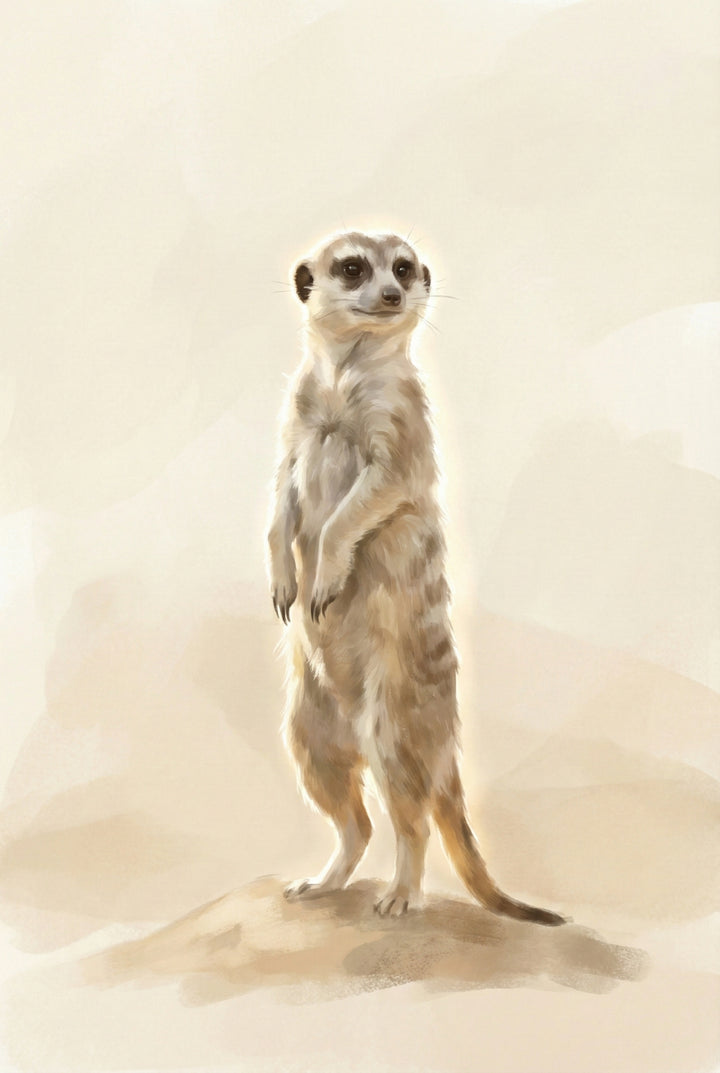 Watercolor artwork of a meerkat standing upright on a small mound in an alert sentinel pose, illustrated in soft neutral desert tones.
