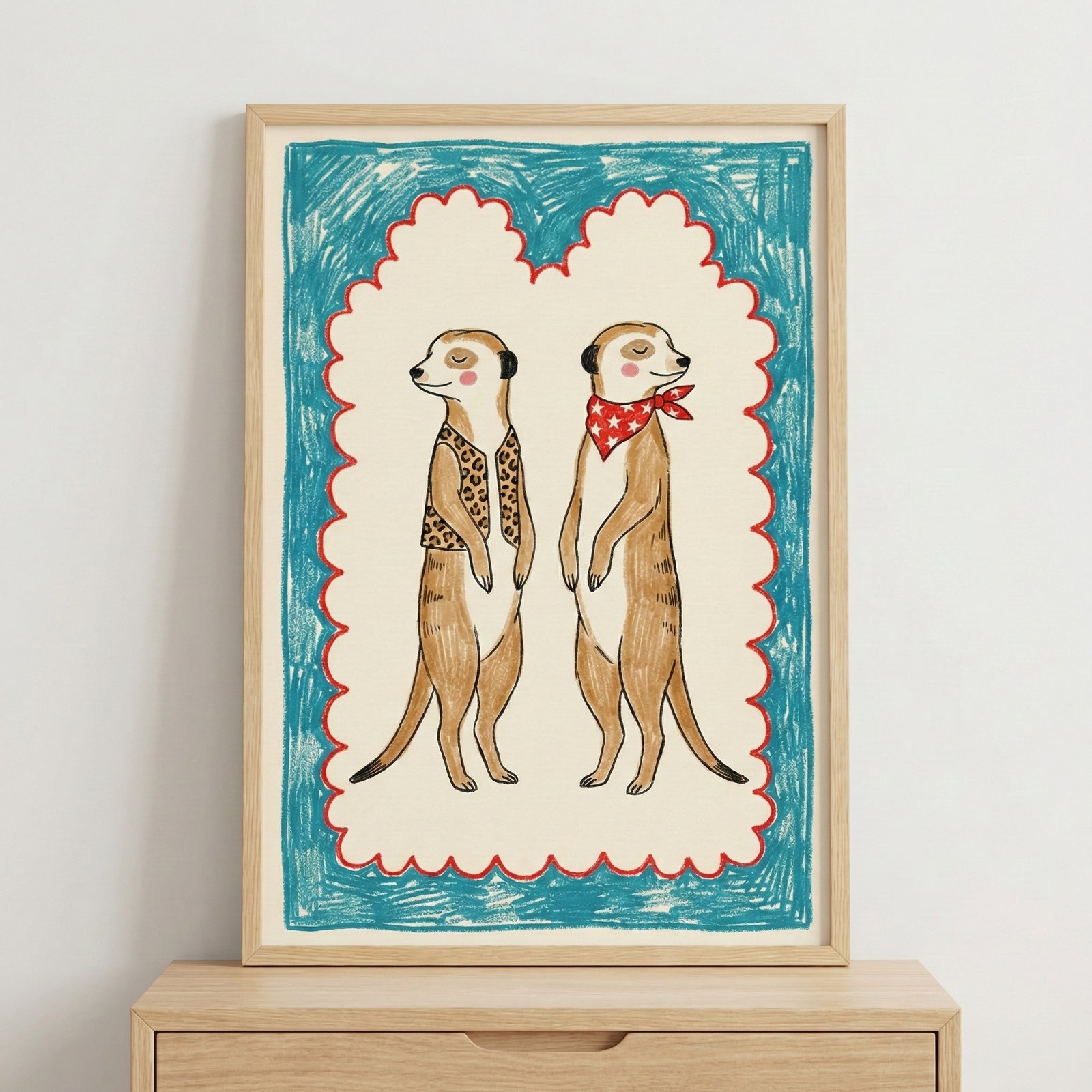 Framed illustration of two upright meerkats with closed eyes, one wearing a leopard-print vest and the other a red bandana with white stars, bordered by a playful red scallop and teal scribble background.