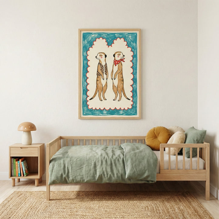 Framed meerkat artwork hanging above a light wood toddler bed in a cozy, minimalist kids' room with green bedding, plush pillows, and a mushroom-shaped lamp.