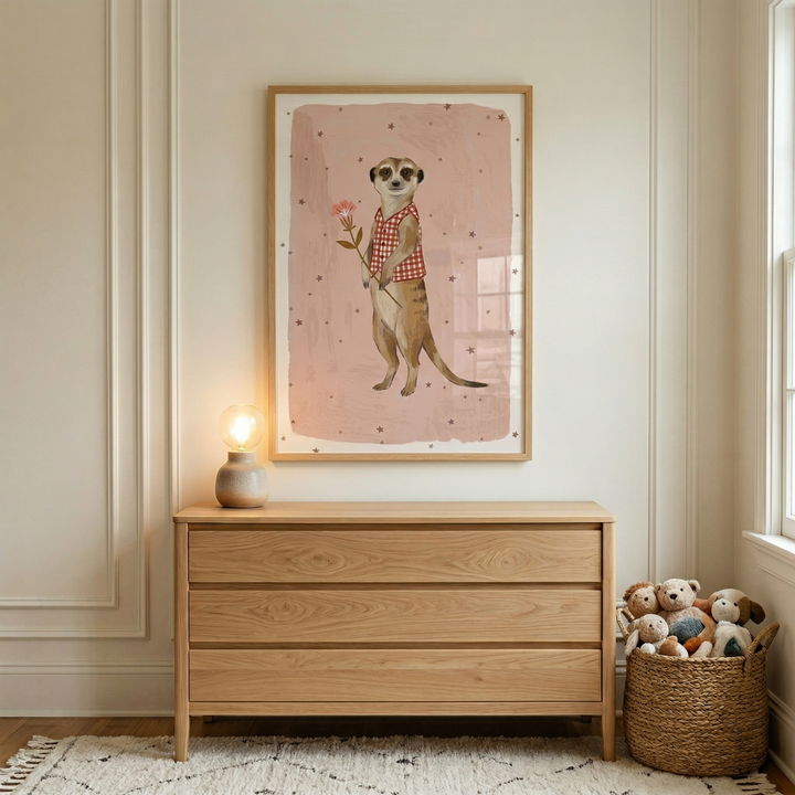 A light wood dresser stands against a cream-colored wall with decorative molding. On the wall above it hangs a large, framed illustration of a meerkat in a red checkered shirt holding a pink flower. The illustration has a dusty pink background with small stars. On the dresser sits a small lamp with a glowing bulb. To the right, a woven basket is filled with plush animal toys. The floor is covered by a white rug with a dark pattern, and a window is visible on the right side.