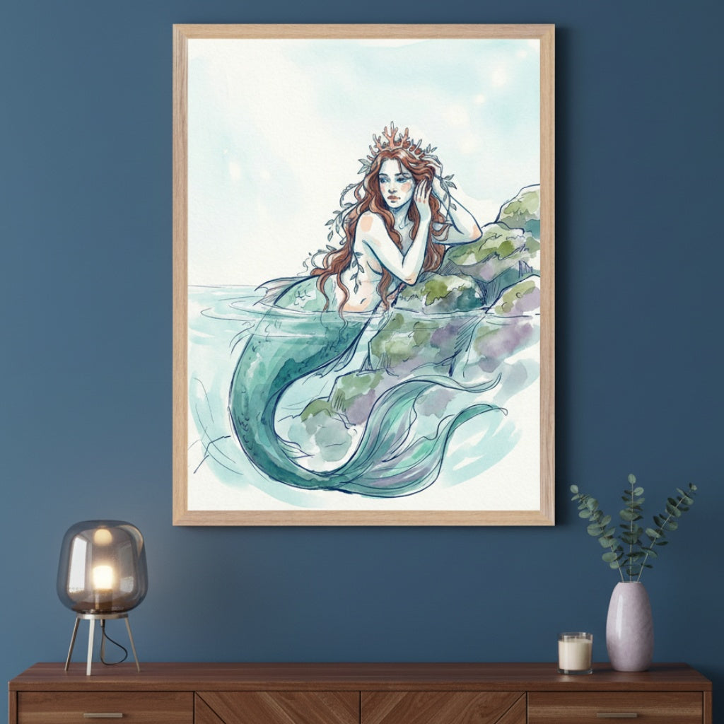 Modern room with a dark blue wall. A framed watercolor and ink sketch of a mermaid with a crown, long hair, and a green tail, sitting in water by rocks, hangs centered above a wooden dresser. A modern lamp and vase are on the dresser.