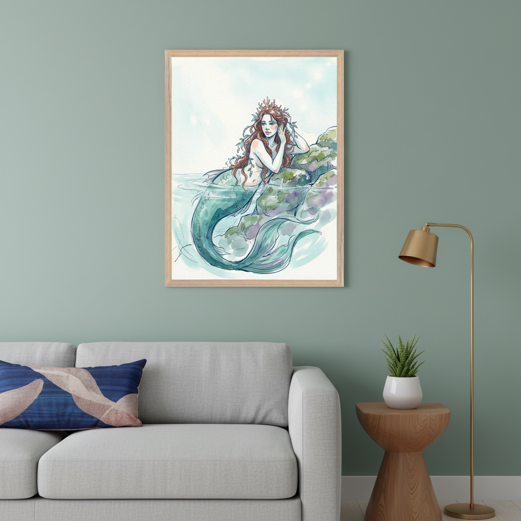 Modern living room with a gray sofa against a sage green wall. A framed watercolor and line art print of a mermaid with a crown, resting on rocks in water, hangs above the sofa. A wooden side table and gold floor lamp are to the right.