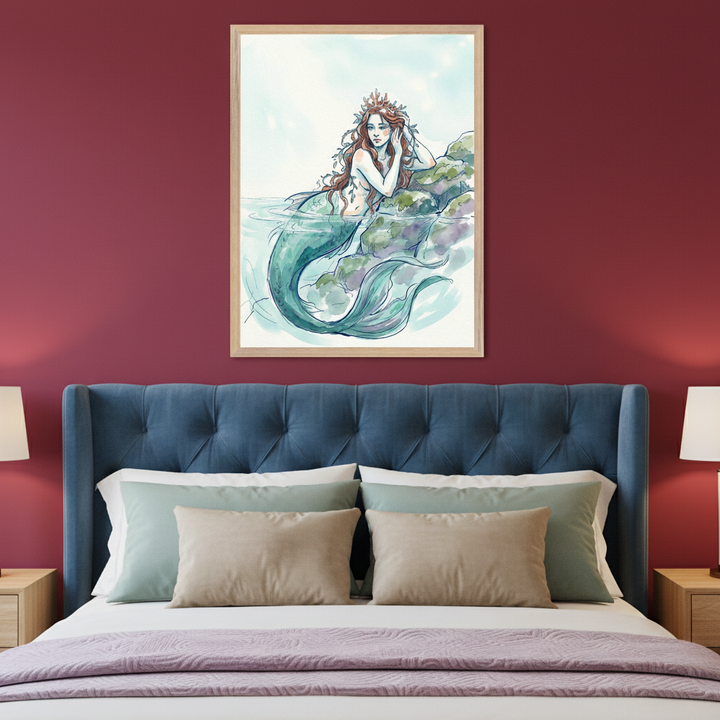 Modern bedroom with a blue tufted headboard and light wood nightstands. A framed watercolor illustration of a mermaid sitting on rocks in water hangs centered above the bed.