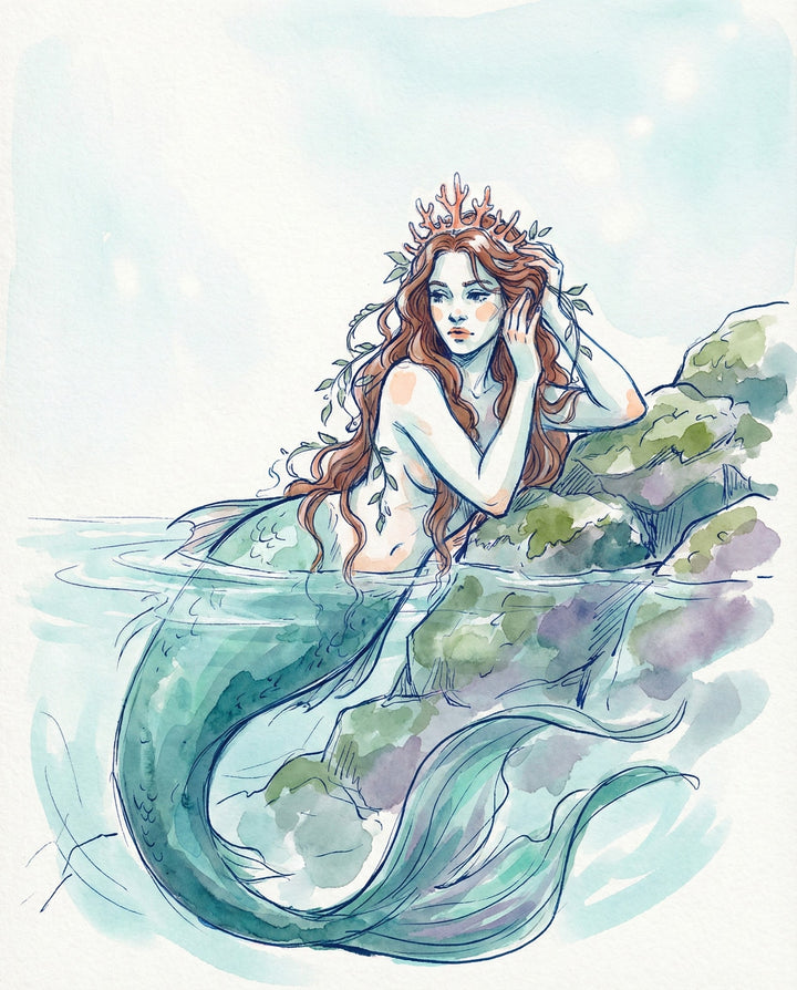 A dreamy watercolor painting of a mermaid with long flowing hair, a coral crown, and a shimmering teal tail resting against mossy rocks underwater, combining ocean fantasy and graceful elegance in a soft illustration style.
