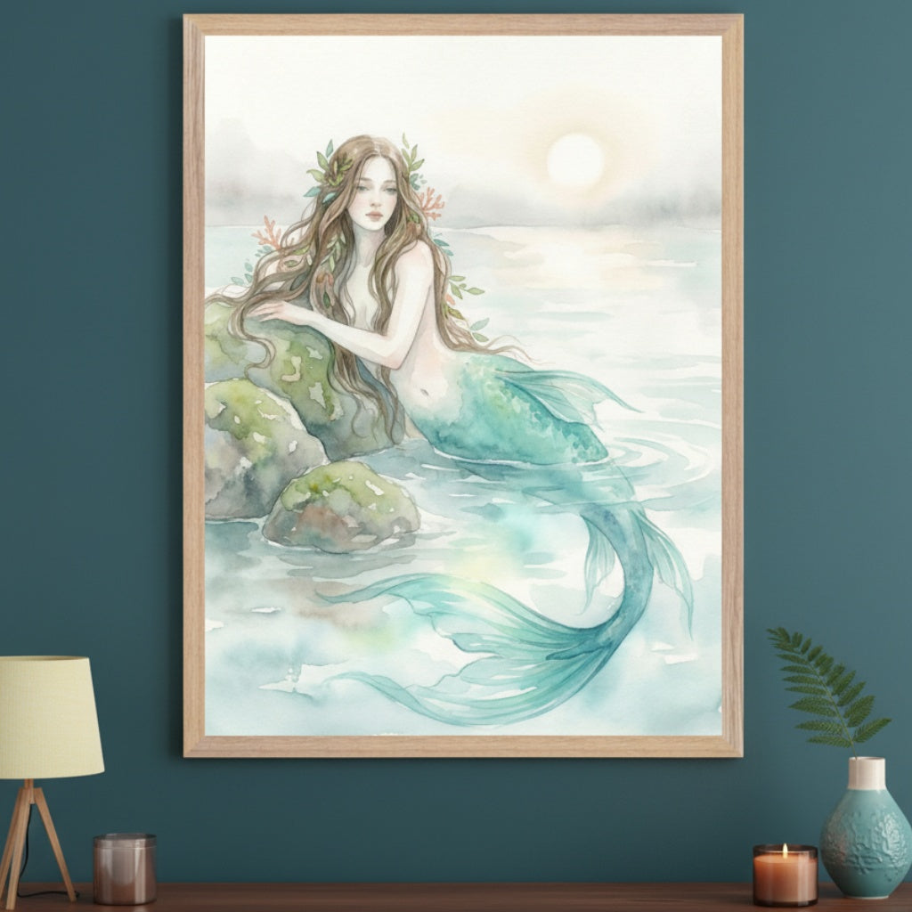 Living room with a dark teal wall and a wooden table. A framed watercolor painting of a mermaid resting on rocks in the water under a sun hangs above the table. A lamp, candle, and a fern in a teal vase are on the table.