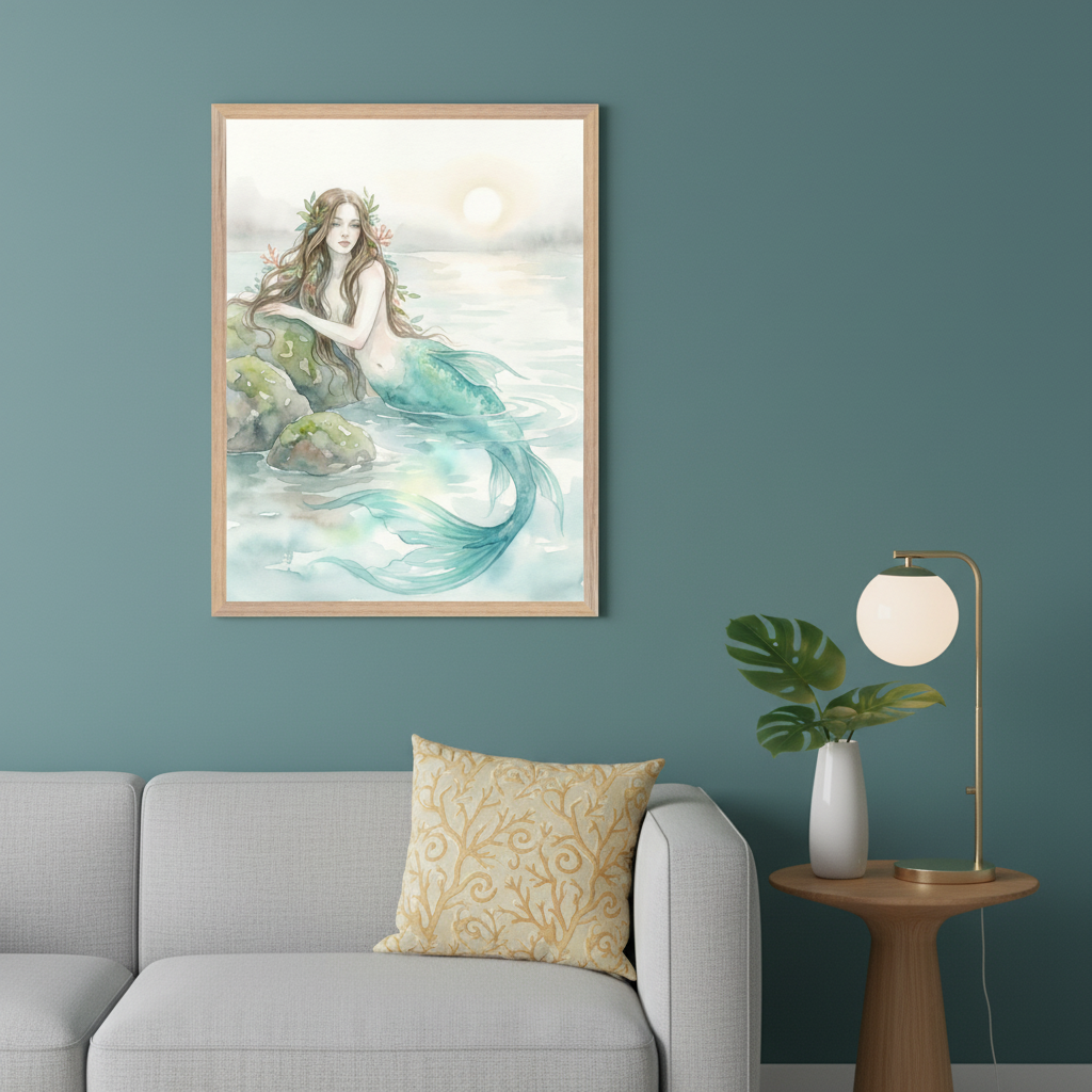 Modern living room with a grey sofa and a side table. A framed watercolor painting of a mermaid with a teal tail, sitting on rocks in water under a soft sun, hangs on the teal wall above the sofa.