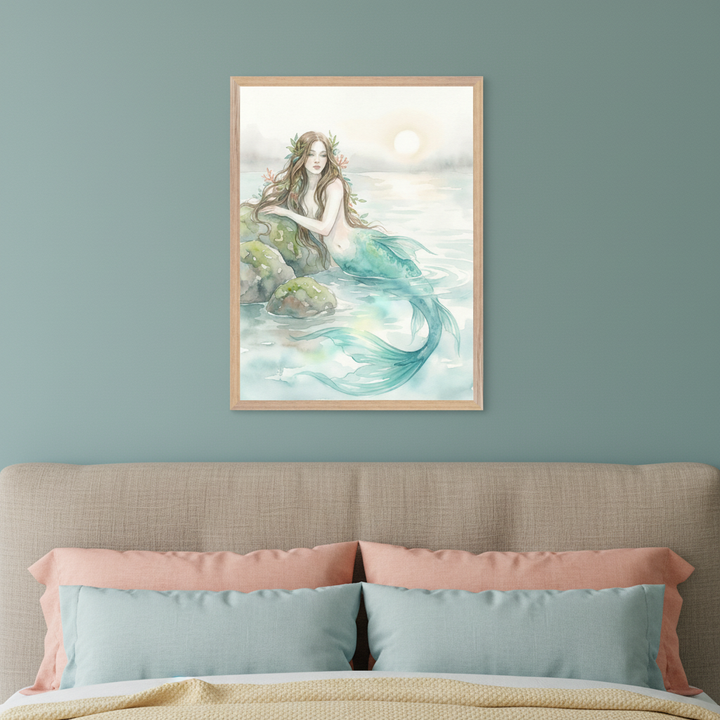 Modern bedroom with a beige fabric headboard and pink/blue pillows. A framed watercolor painting of a mermaid with brown hair and a teal tail, sitting on rocks in water, with a distant sun, hangs centered on the teal wall above the bed.