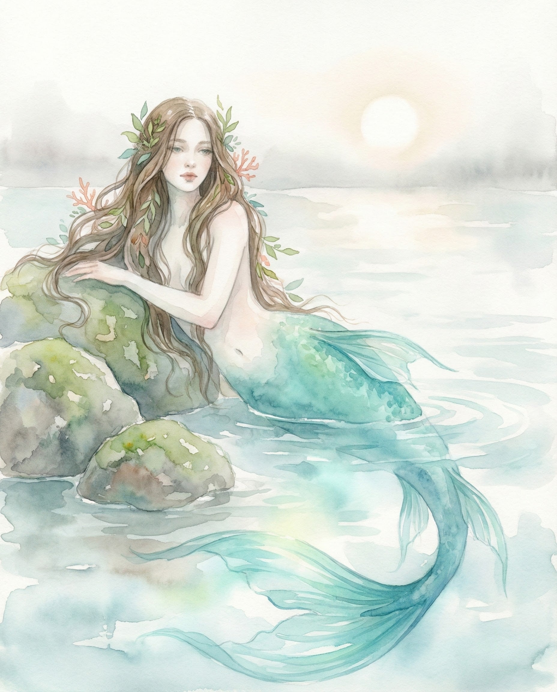 A serene watercolor illustration of a mermaid with sea-green tail and long brown hair adorned with leaves and coral, leaning on moss-covered rocks at the edge of a calm sea with the sun rising in the background, offering a peaceful and magical moment.
