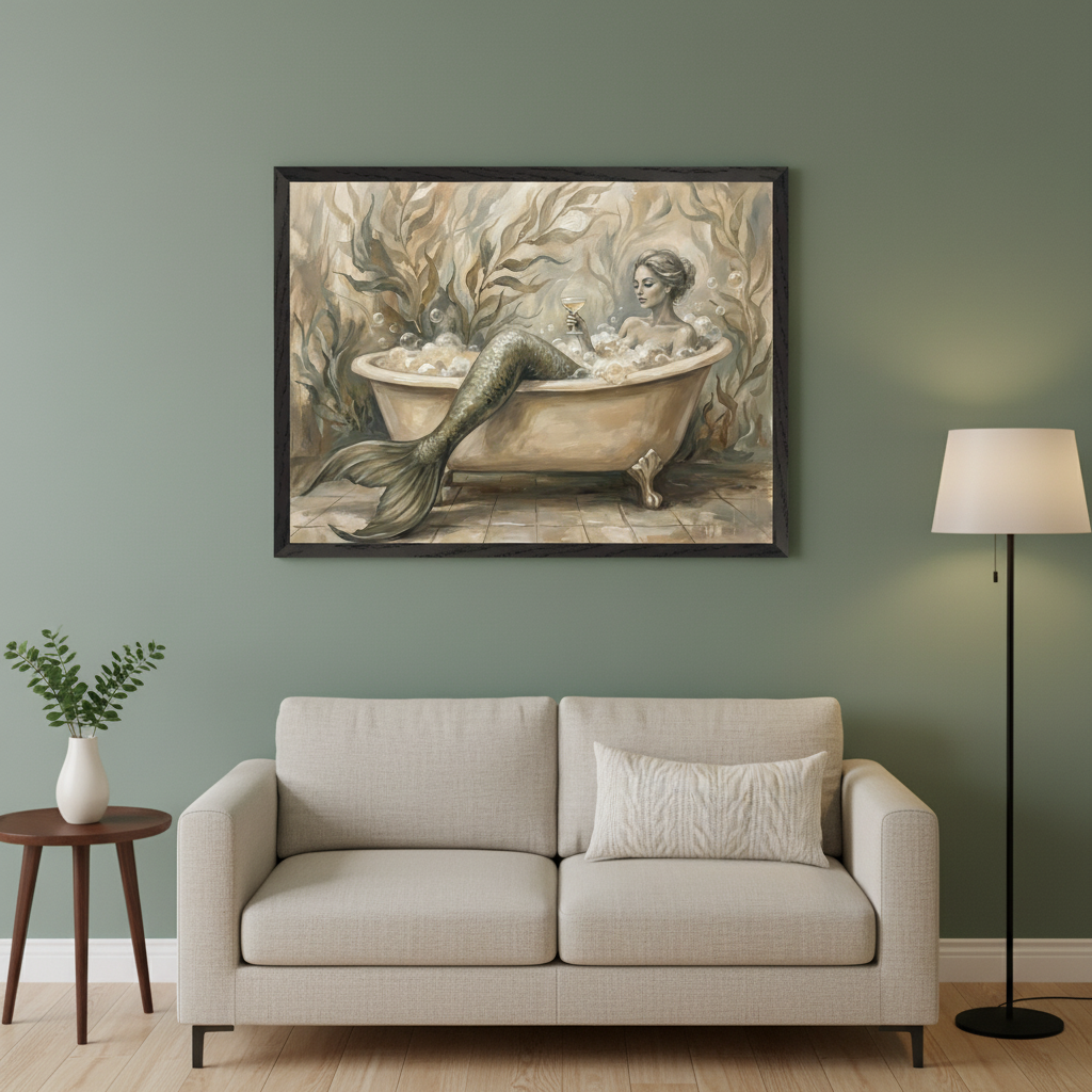 Modern living room with a beige sofa, side table, and floor lamp. A large framed painting of a mermaid in a bubble bath, holding a glass, hangs centered above the sofa. The artwork features earthy tones.