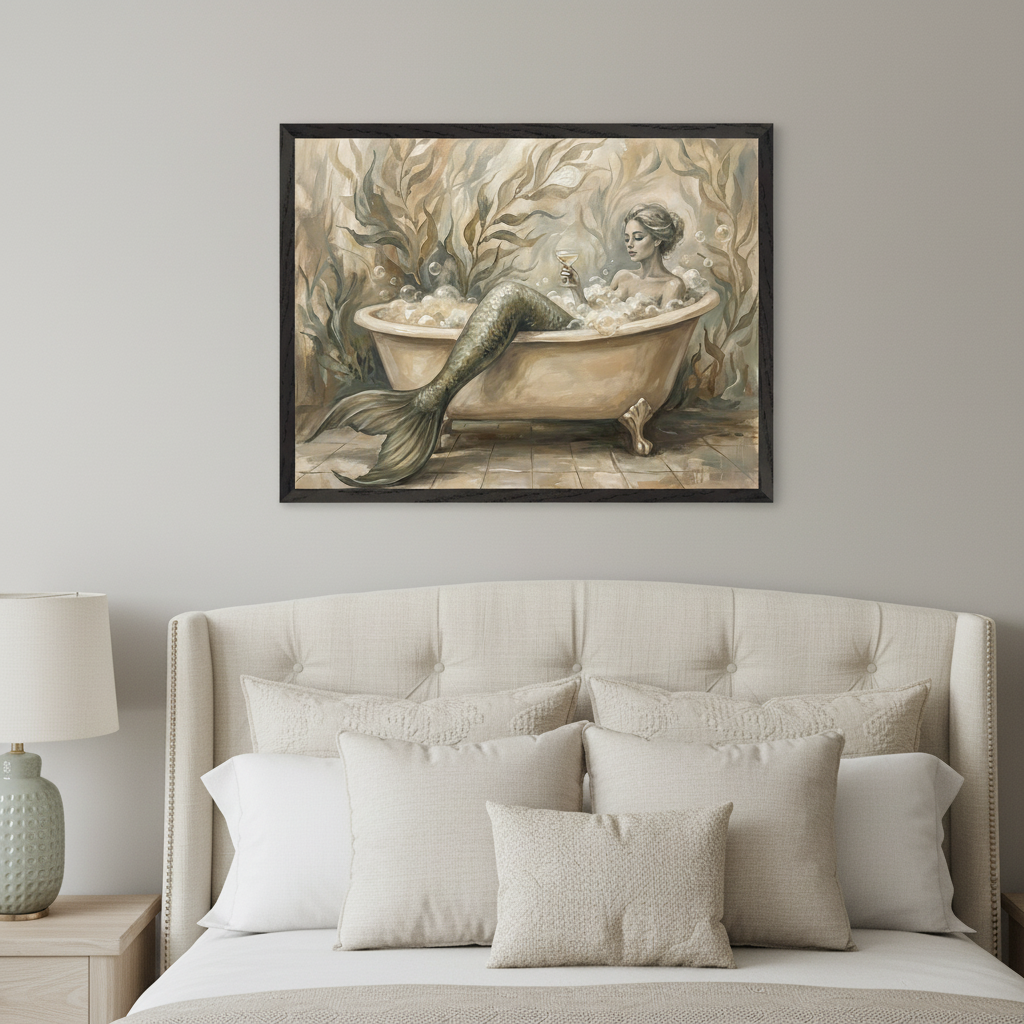 Bedroom with an upholstered beige headboard and pillows. A large framed oil painting of a mermaid with a green tail in a bubble bath, holding a drink, hangs centered above the bed. The painting features an organic, muted background.