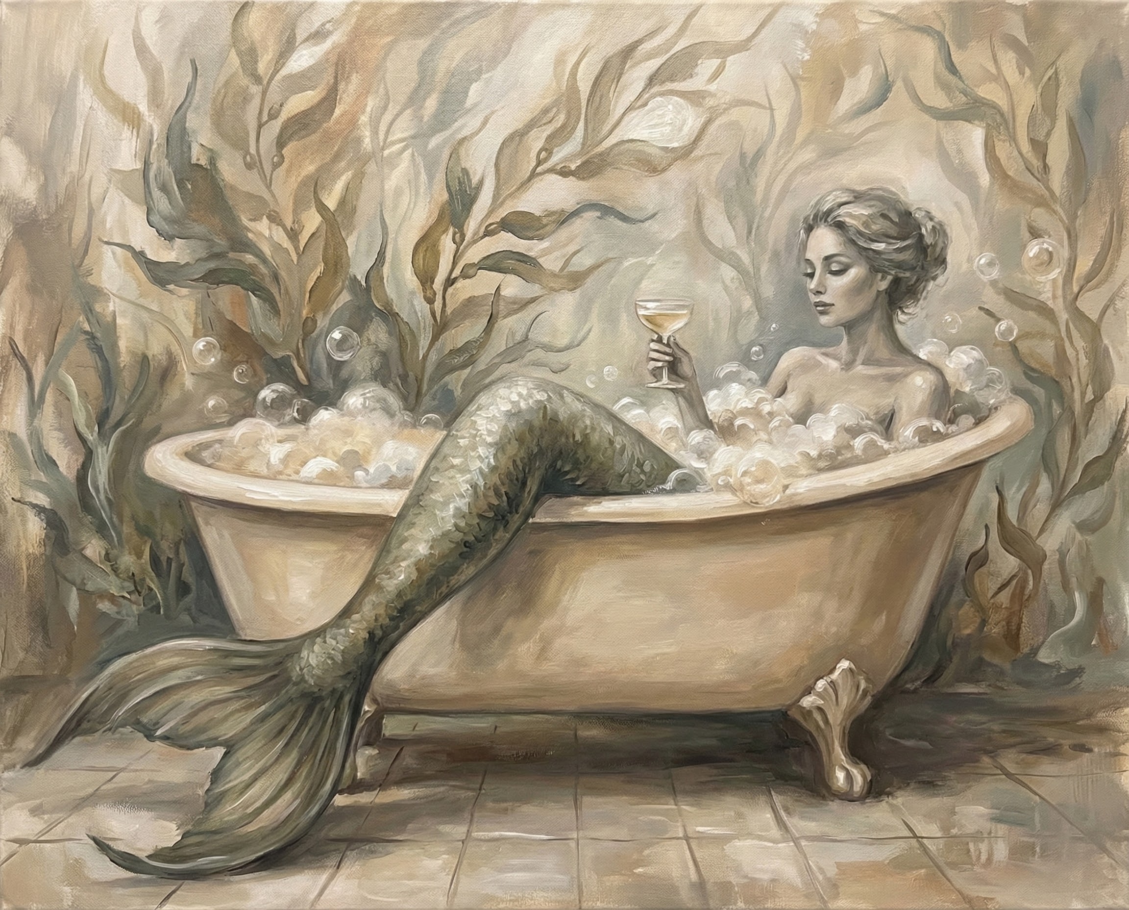 An elegant painting of a mermaid lounging in a clawfoot tub filled with bubbles while holding a glass of champagne, surrounded by underwater plants and soft golden tones, blending fantasy and self-care themes with a vintage flair.