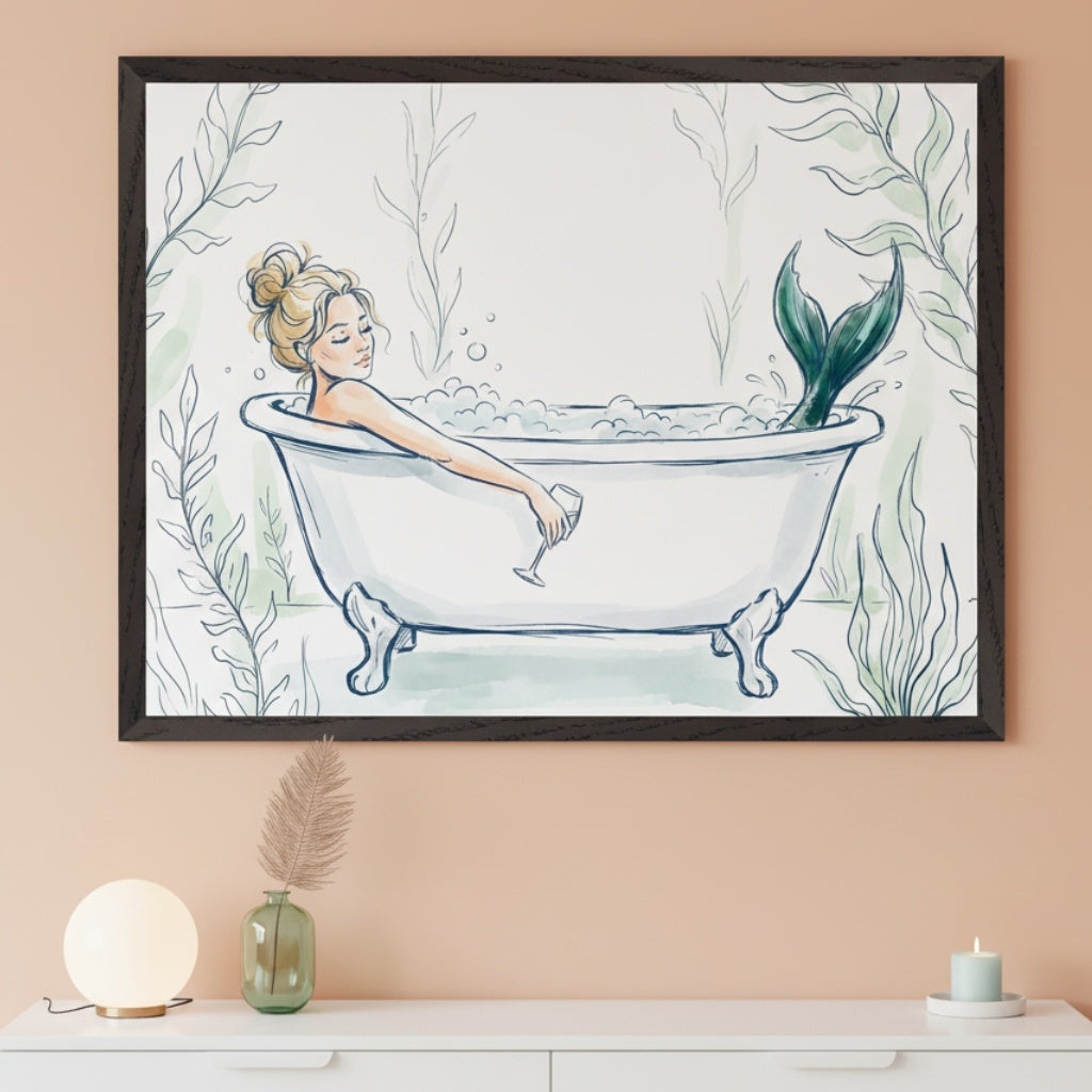 Modern room with peach walls and a white dresser. A framed illustration hangs above the dresser, depicting a blonde mermaid with a green tail in a bubble bath, holding a wine glass. The art has a sketch and watercolor style with green foliage.