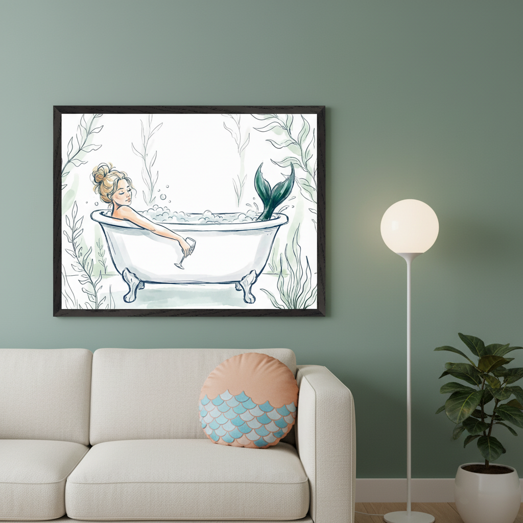 Modern living room with a beige sofa against a sage green wall. A black-framed illustration of a mermaid taking a bubble bath with a wine glass, tail visible, and seaweed hangs above the sofa. A round scale-patterned pillow is on the sofa, and a floor lamp stands nearby.