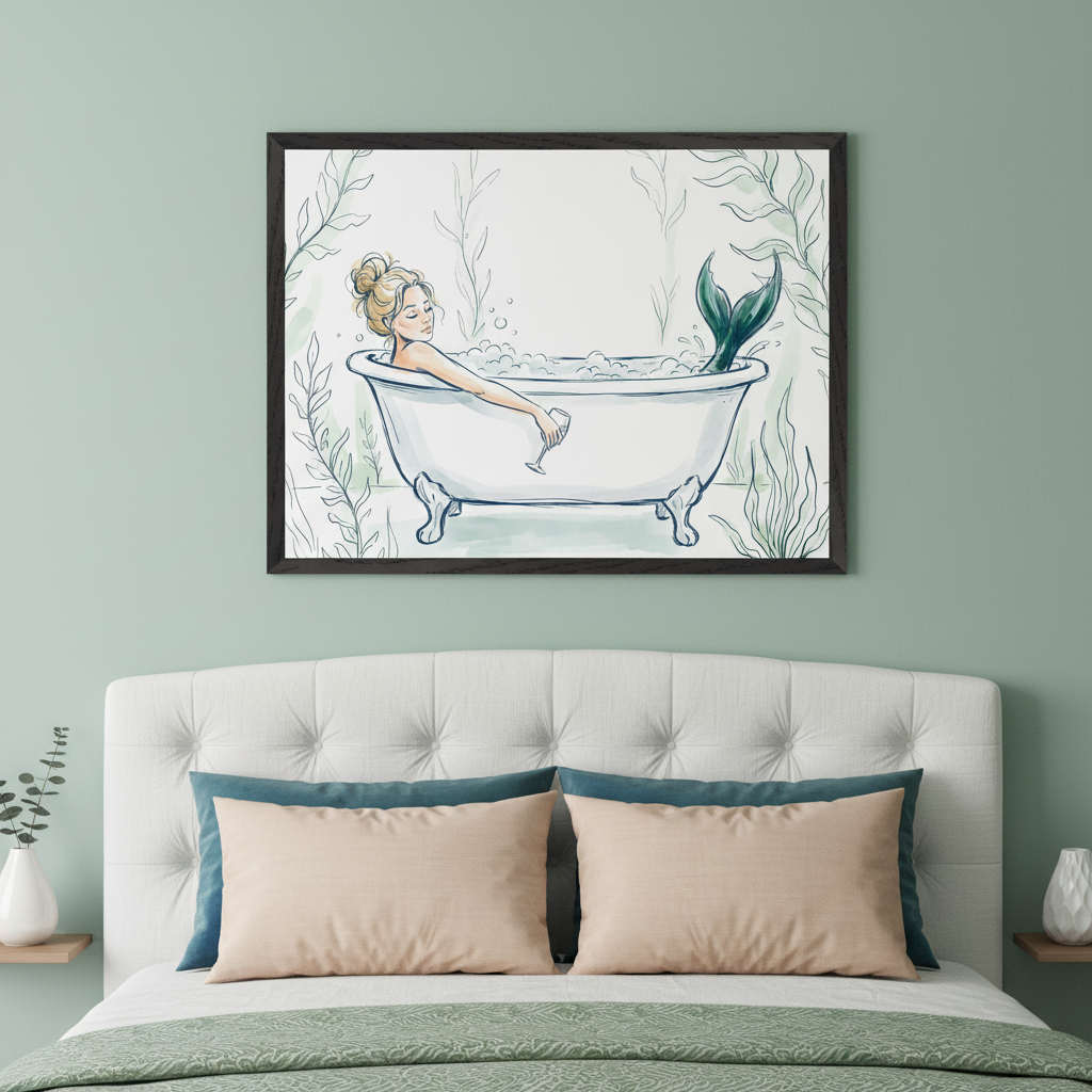 Modern bedroom with a white tufted headboard. A framed whimsical illustration of a blonde mermaid relaxing in a clawfoot bathtub, holding a glass, surrounded by bubbles and green plants, hangs centered above the headboard.