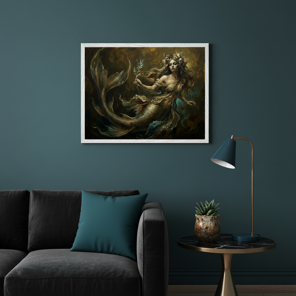 Modern living room with a dark gray sofa. A large framed painting of a mermaid with a golden tail and flower crown, holding a branch, hangs above the sofa. A side table with a lamp and potted plant is to the right.