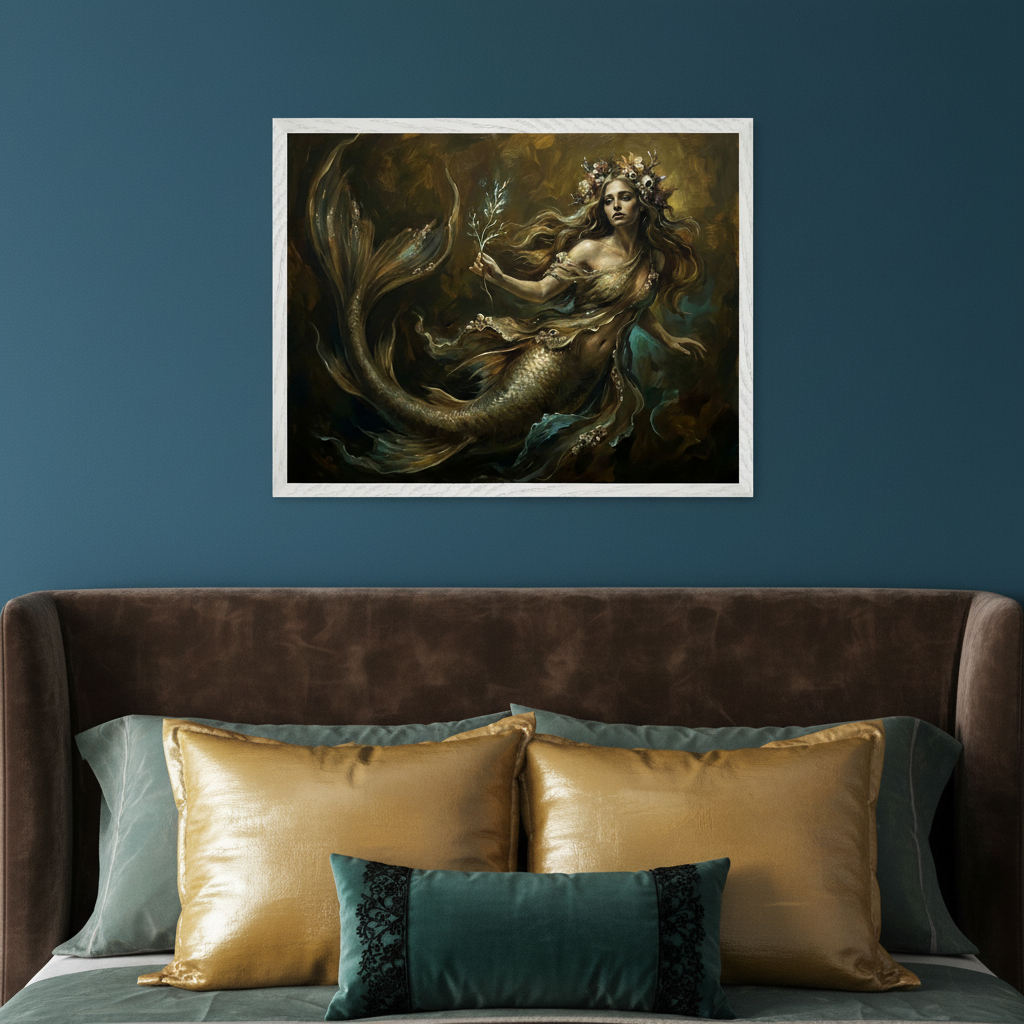 Bedroom with a brown upholstered bed and gold pillows against a dark teal wall. A large framed fantasy painting of a mermaid with a floral crown, holding a branch, hangs centered above the bed.