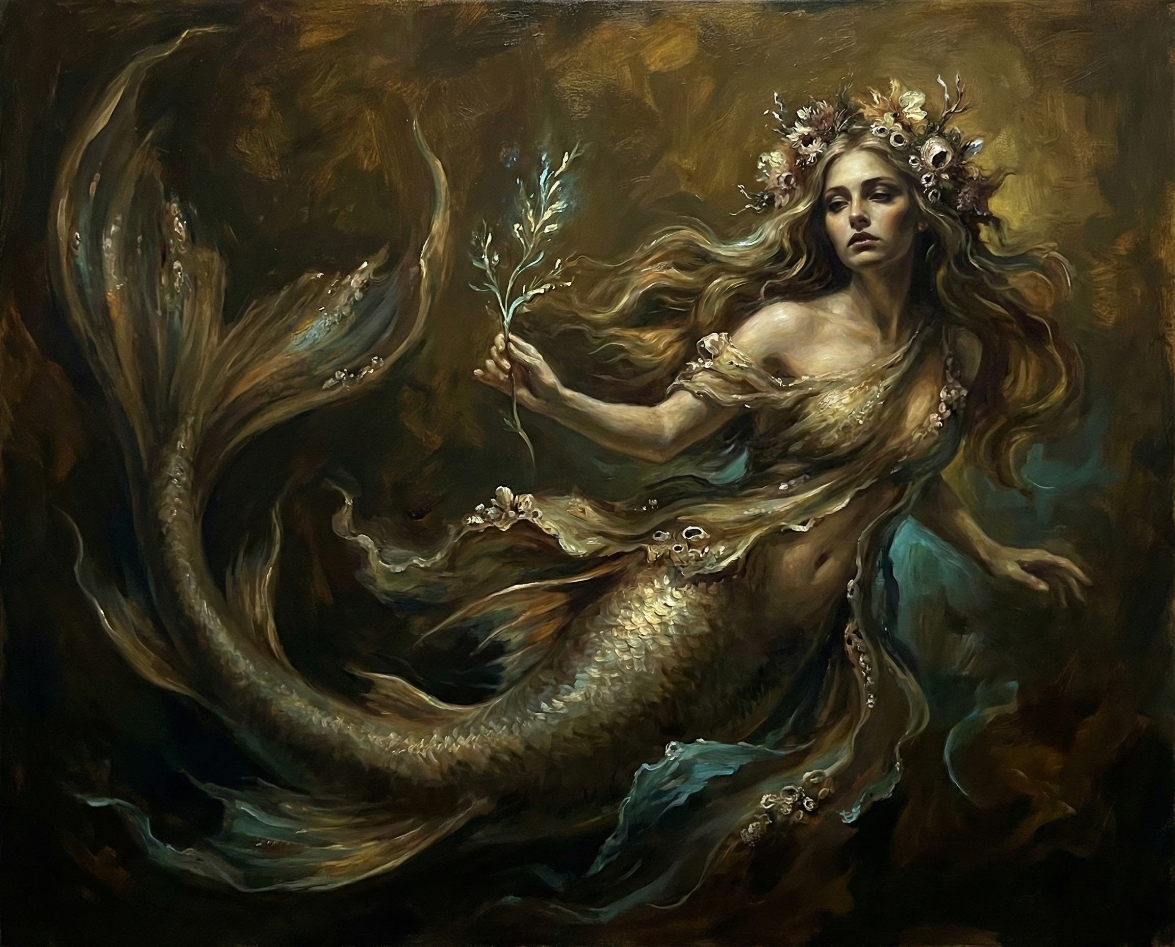 A richly painted scene of a mysterious mermaid with golden hair, a flowing golden tail, and a seaweed crown, holding a delicate plant as she floats through dark waters, offering a moody and enchanting fantasy aesthetic.
