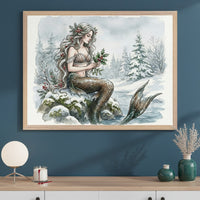 Modern room with a light wood console table and white cabinets. Above it, a large framed watercolor painting depicts a winter mermaid with holly in her hair and hands, seated on snowy rocks beside a stream in a snowy forest.
