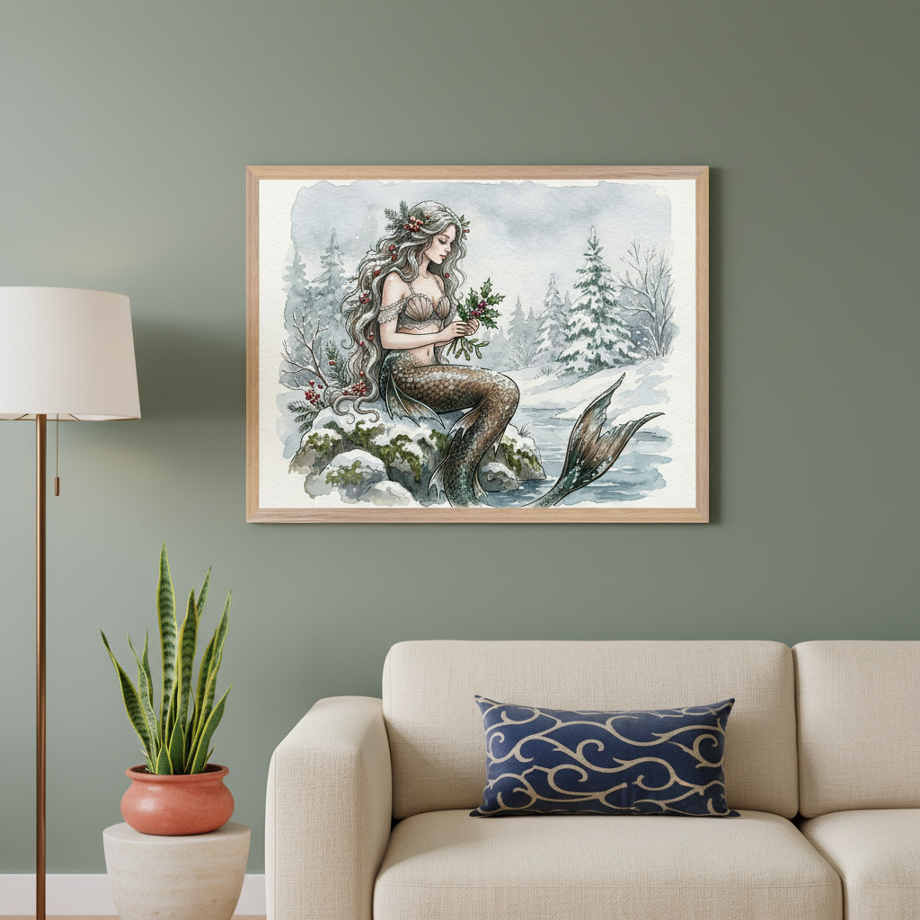 Modern living room with a cream sofa and a floor lamp. A framed watercolor painting of a mermaid sitting on a snowy rock, holding holly, in a winter forest scene hangs above the sofa.