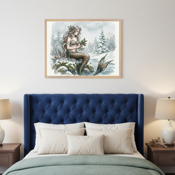Contemporary bedroom with a dark blue tufted bed. A framed watercolor painting of a mermaid with long hair and a scaled tail, sitting on snowy rocks in a winter landscape, holding holly branches, hangs centered above the bed.