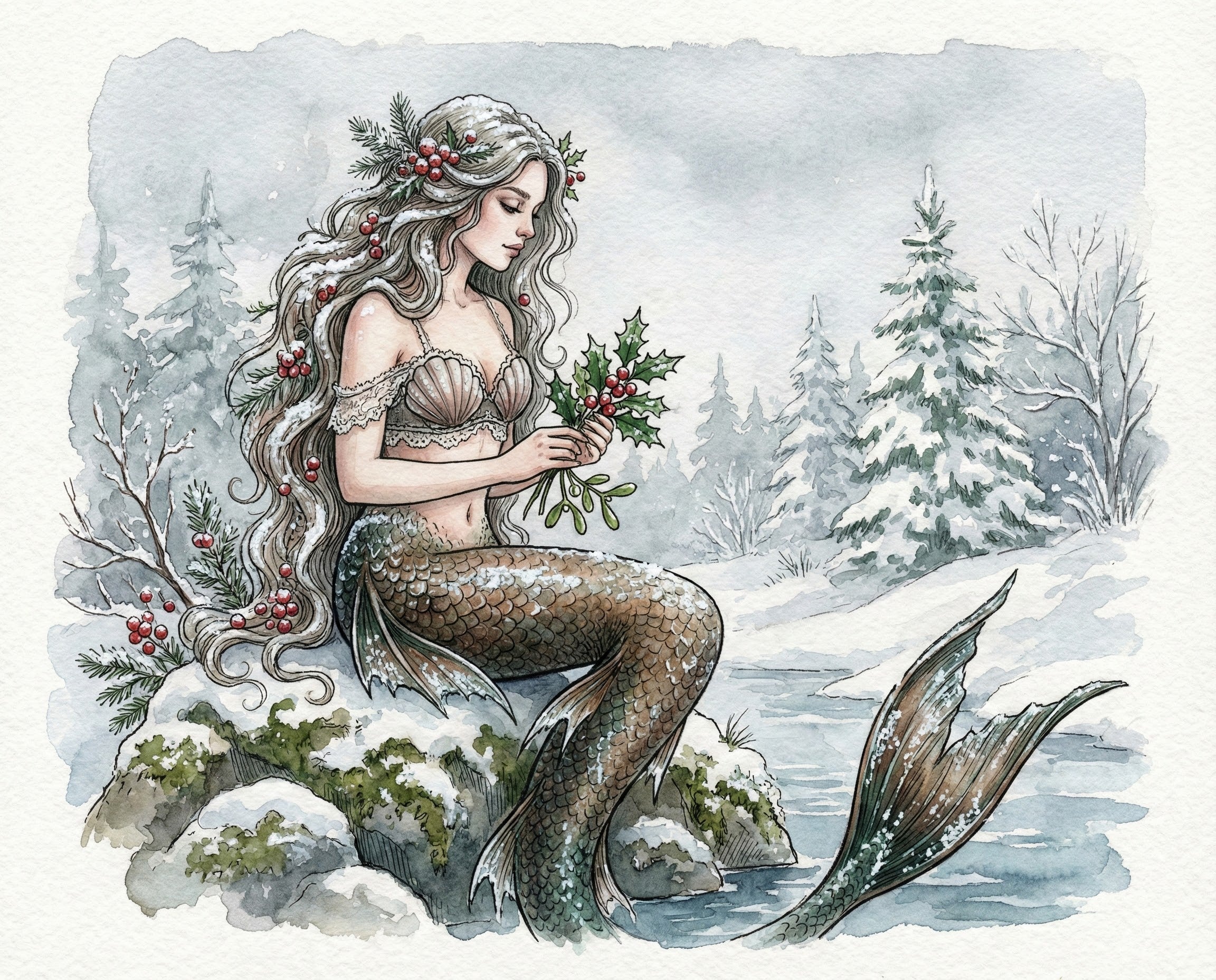 A festive watercolor illustration of a mermaid with long silver hair and a seashell top sitting on a snowy rock by a frozen stream, holding a bunch of holly and berries, surrounded by pine trees dusted with snow in a magical winter landscape.
