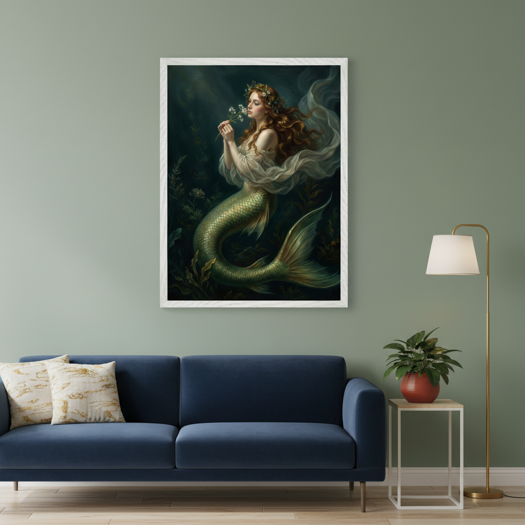 Living room with a dark blue sofa and two pillows against a light green wall. A large framed painting of a mermaid with red hair, a green tail, and white flowers hangs above the sofa. A side table with a plant and a floor lamp are on the right.
