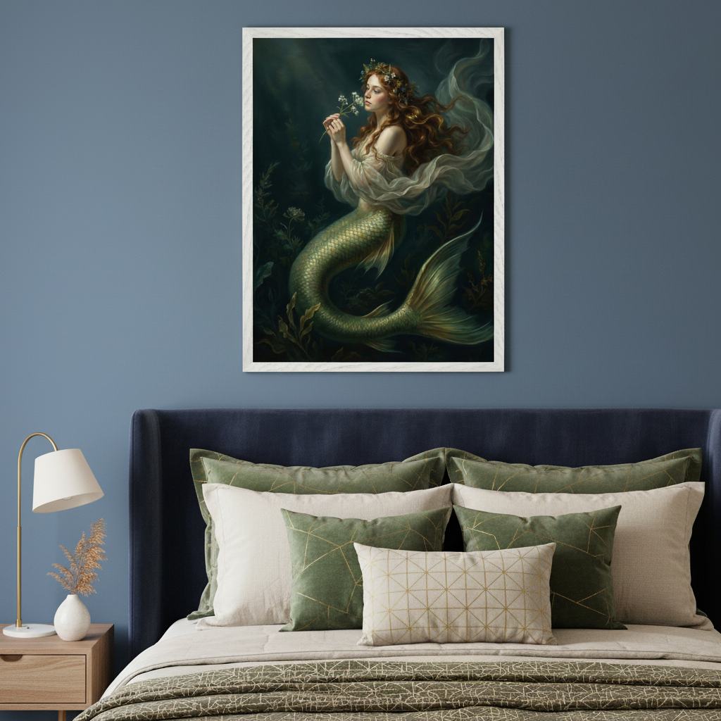 Modern bedroom with a dark blue upholstered bed. A large framed painting of a red-haired mermaid with a green tail, holding white flowers in a dark underwater scene, hangs centered above the bed.