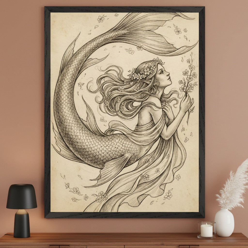 Modern living room with a dark brown wooden dresser. A large framed monochrome sketch of a mermaid with a flower crown holding a flowering branch hangs centered above the dresser. A black lamp, a vase with pampas grass, and a candle are on the dresser.