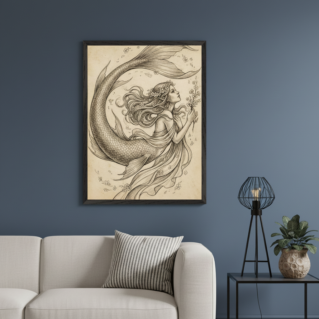 Modern living room with a light sofa and striped pillow. A framed pencil sketch of a mermaid with a floral wreath smelling a sprig of flowers hangs on a dark blue wall above the sofa. A black side table with a lamp and plant is on the right.
