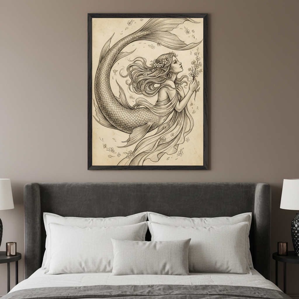 Modern bedroom with a dark grey upholstered bed. A framed pencil drawing of a mermaid with a floral wreath, holding flowers, on aged paper, hangs centered above the bed.