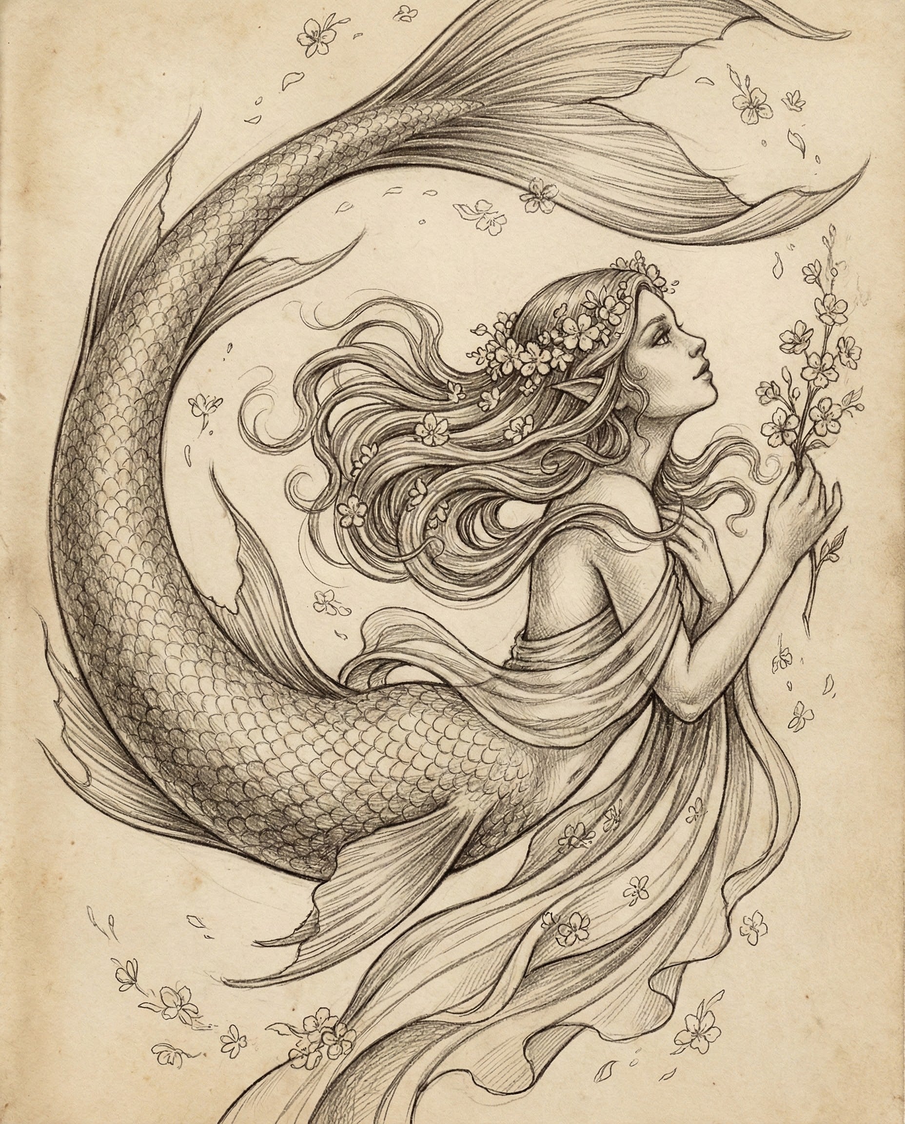 A vintage-style pencil drawing of a mermaid with a flower crown and long flowing hair holding a bouquet of blossoms as she swims, surrounded by drifting petals in a delicate and timeless fantasy art style.
