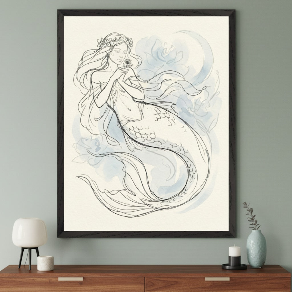 Modern living room with a wooden dresser. A large black-framed print of a mermaid line drawing with light blue watercolor accents hangs above the dresser. The mermaid has long hair, a floral wreath, and holds a flower.