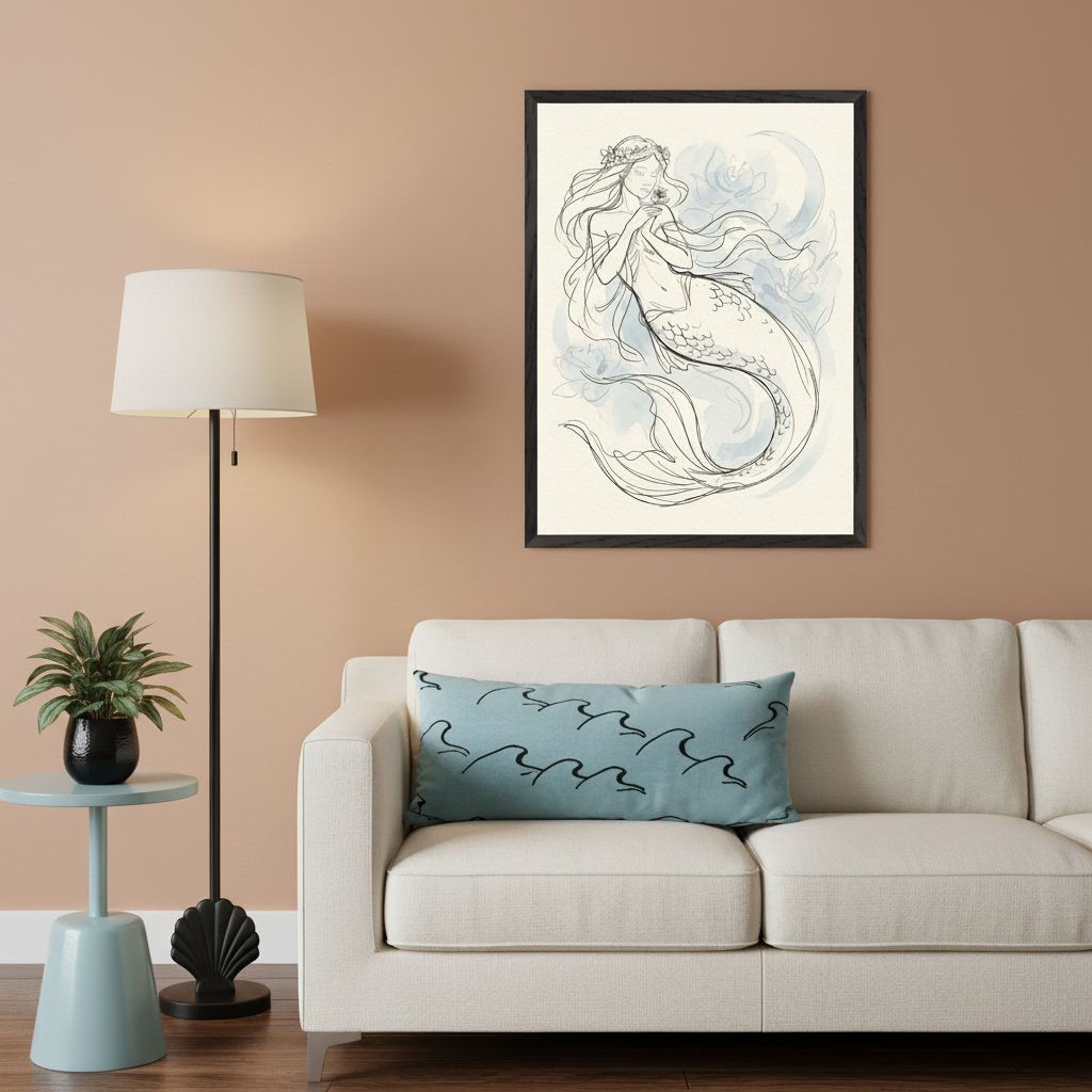 Modern living room with an off-white sofa. A large framed print of a mermaid in a black line art style with blue watercolor accents hangs above the sofa. A floor lamp and a small blue side table with a plant are visible to the left.