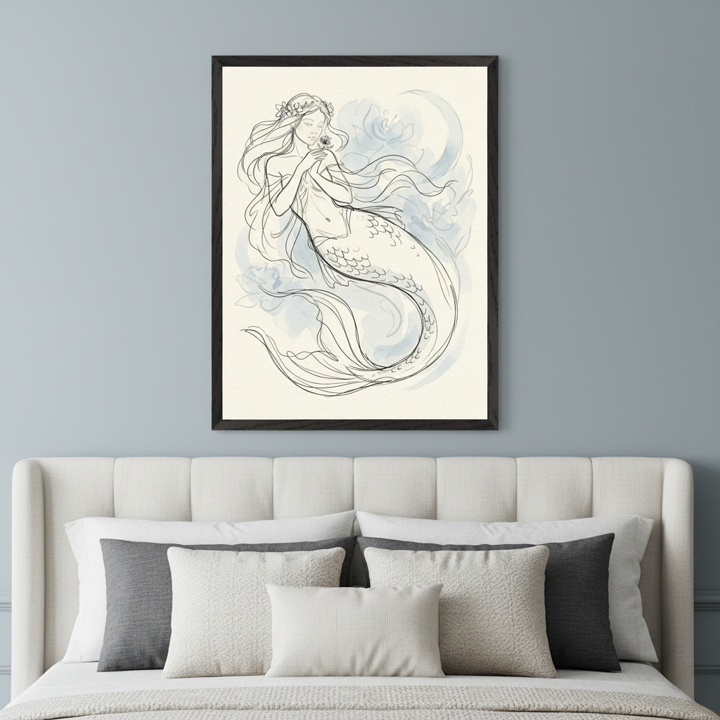 Modern bedroom with an off-white tufted headboard and neutral pillows. A large framed line art drawing of a mermaid holding a flower with subtle blue watercolor accents hangs centered above the bed.