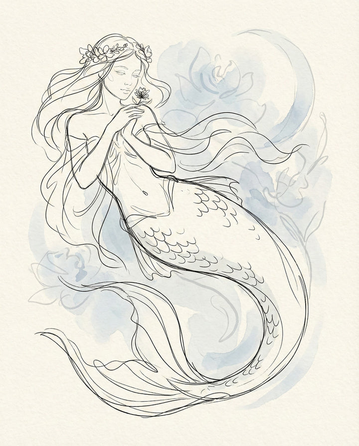 A soft watercolor and line illustration of a peaceful mermaid with long hair and a floral crown, holding a small flower close to her chest as she floats with flowing ribbons and gentle blue accents.
