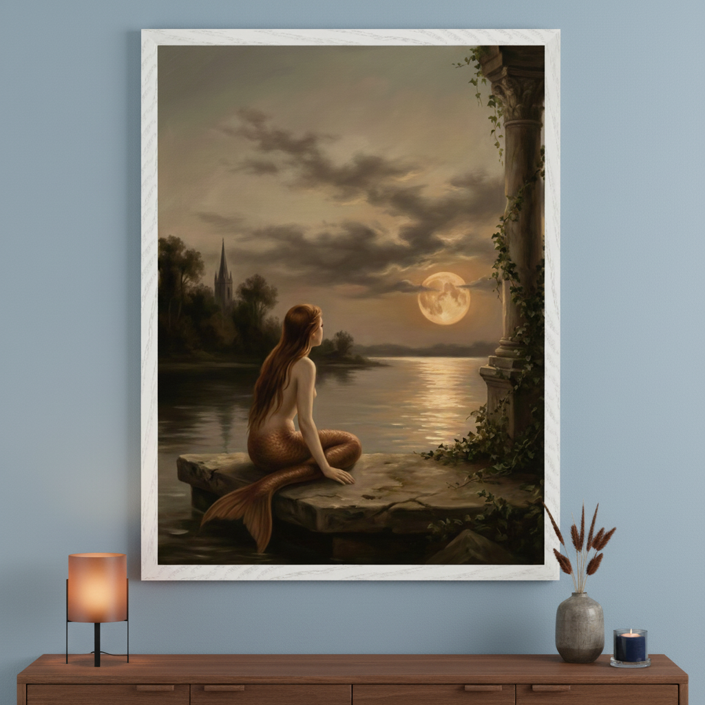 Modern room with a blue-gray wall. A dark wood dresser is under a large light wood framed painting of a mermaid on rocks by a moonlit lake, with a distant church and ivy-covered column. A lamp, vase, and candle are on the dresser.