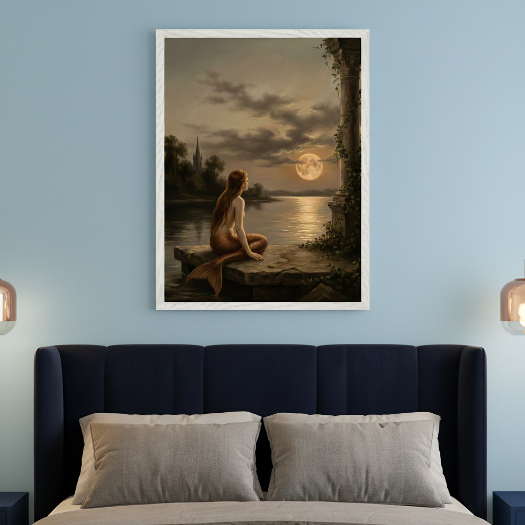 Bedroom with a dark blue upholstered bed. A framed fantasy painting depicting a red-haired mermaid with a copper tail sitting on rocks by a moonlit lake hangs centered above the bed.