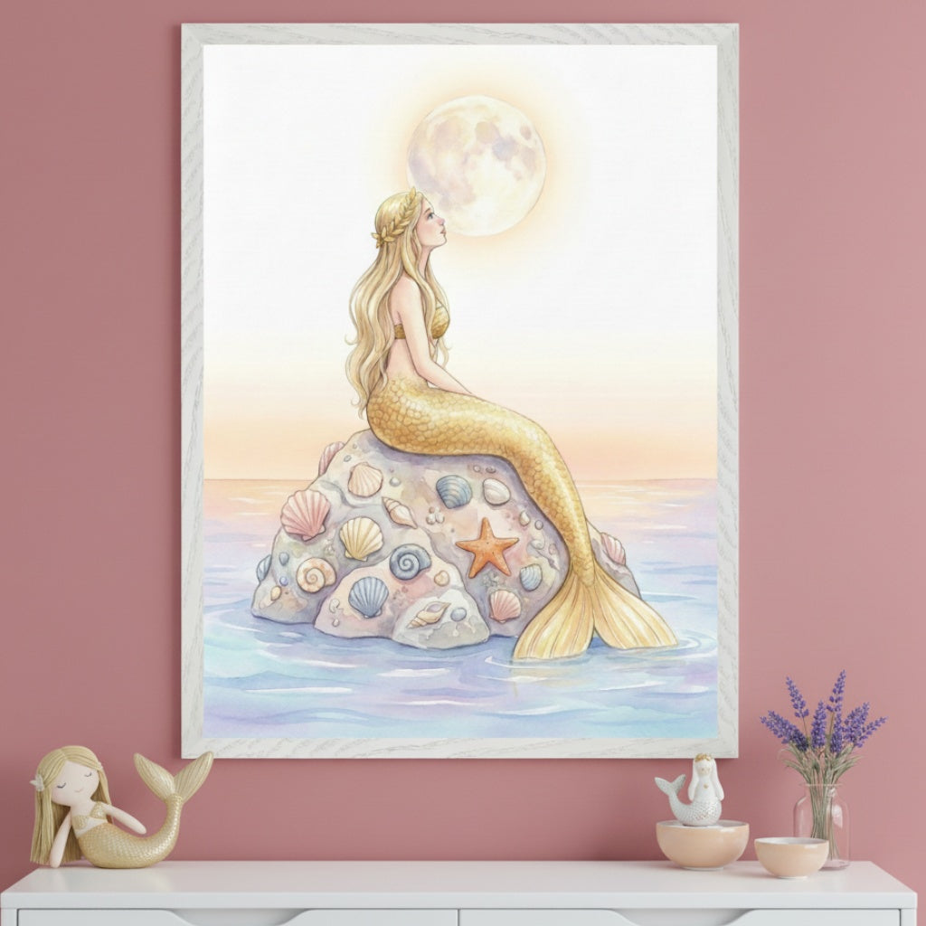 Kid's room with a pink wall and white dresser. A framed watercolor painting of a blonde mermaid with a golden tail on a seashell-covered rock, looking at a full moon over calm water, hangs centered above the dresser.