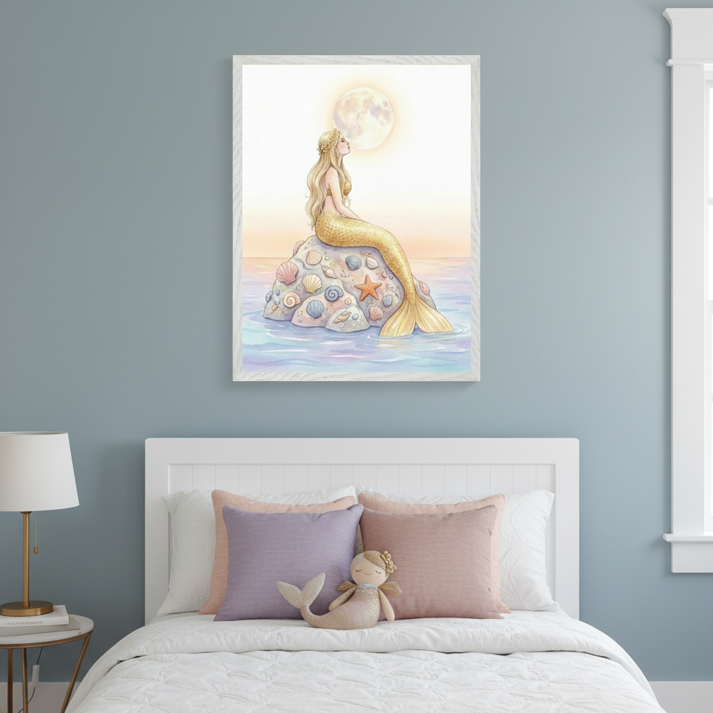 Kid's bedroom with a white bed and blue wall. Above the bed, a framed illustration shows a blonde mermaid with a gold tail sitting on a seashell rock, looking at a full moon. The bed includes white bedding, lavender and pink pillows, and a mermaid doll. A gold lamp is on a side table.