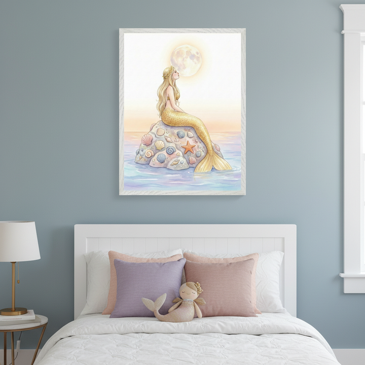 Kid's bedroom with a white bed and blue wall. Above the bed, a framed illustration shows a blonde mermaid with a gold tail sitting on a seashell rock, looking at a full moon. The bed includes white bedding, lavender and pink pillows, and a mermaid doll. A gold lamp is on a side table.