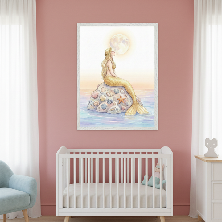 Pink nursery with a white crib and light blue armchair. Above the crib, a framed print shows a blonde mermaid with a gold tail on a seashell rock, looking at the moon over the ocean. A white dresser is on the right.