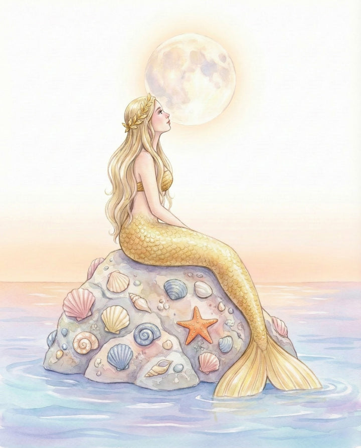 A pastel-colored illustration of a blonde mermaid with a golden tail sitting on a rock covered in colorful seashells and starfish, gazing at a full moon over calm waters during a warm, dreamy sunset.
