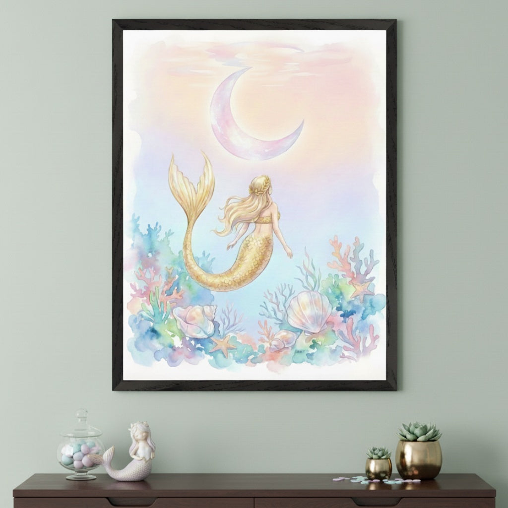 Modern kid's room with a dark wooden dresser against a sage green wall. A framed watercolor art print of a golden-tailed mermaid swimming among coral and shells towards a pastel moon hangs above. A mermaid figurine and a jar of candies are on the dresser.